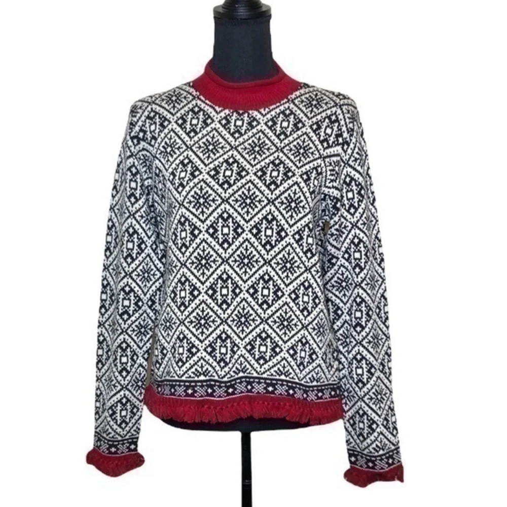 Talbots Black and White Nordic Fair Isle Snowflake Sweater with Red Fringe Small - Picture 1 of 9